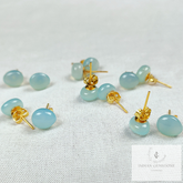 Aqua Chalcedony Stud earrings, 14K Gold Plated Stud, Oval Shape Gemstone Jewelry. Stud Earring, Chalcedony Stud, Gift For Woman, Jewelry